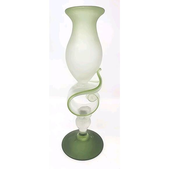 Vintage Frosted Hand Blown Glass Green Vase U262